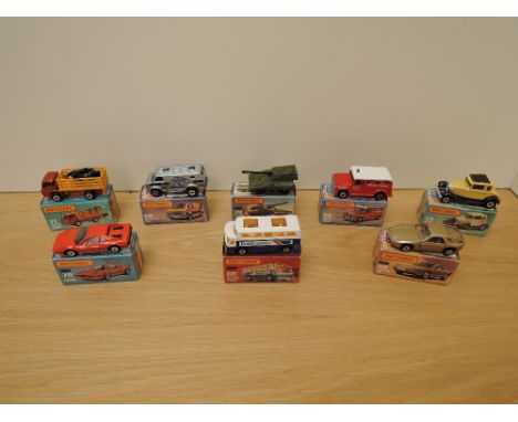 Eight Matchbox Series Superfast Lesney 1974-1982 die-casts,No 59 Porsche 928, metallic brown, No 65 Airport Coach, blue Briti