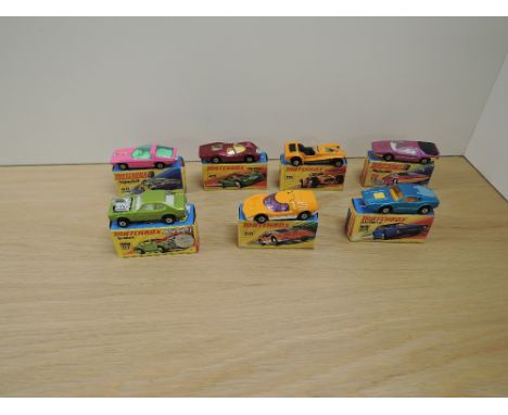 Seven Matchbox Superfast 1970-1974 die-casts, H &amp; I Boxes, No 40 Vauxhall Guildsman, pink, No 45 Ford Group 6, purple, No