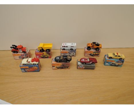 Eight Matchbox Series Superfast Lesney 1974-1982 die-casts, No 54 Nasa Tracking Vehicle, No 56 Mercedes 450 SEL, beige Taxi, 