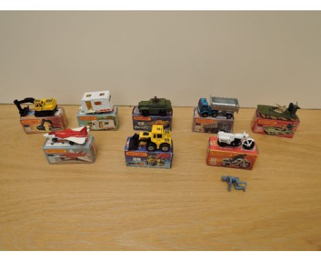 Eight Matchbox Series Superfast Lesney 1974-1982 die-casts, No 27 Swing Wing, No 28 Stoat, military green, No 29 Tractor Shov