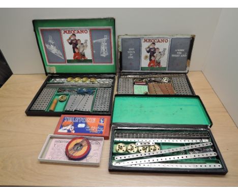 Three vintage Meccano part sets, No1, No 1A and No 2, all in original boxes, not checked for completeness along with a Teleto