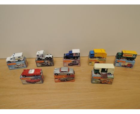 Eight Matchbox Series Superfast Lesney 1974-1982 die-casts, No 36 Refuse Truck, blue &amp; yellow, No 38 Model A Van, No 39 R