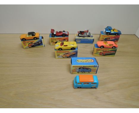 Seven Matchbox Superfast 1970-1974 die-casts, H &amp; I Boxes, No 6 Mercedes 350SL, orange black roof, No 18 Honarora, red ch