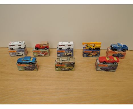 Eight Matchbox Series Superfast Lesney 1974-1982 die-casts, No 49 Crane Truck, yellow &amp; yellow crane, No 51 Pontiac Fireb