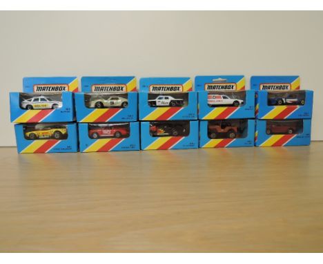 Ten 1981 Matchbox die-casts, MB1 Dodge Challenger, MB3 Porsche Turbo, MB4 57 Chevrolet, MB5 4x4 Jeep, MB6 Mercedes Tourer, MB