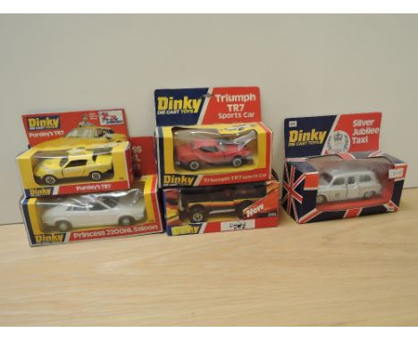 Five Dinky die-casts, 112 Purdey's TR7, 123 Princess 2200HL Saloon, 203 Customised Range Rover, 211 Triumph TR7 Sports Car an