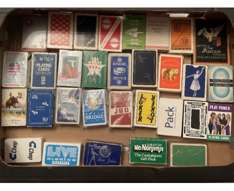 A box of vintage Advertising Playing Cards including Konica, Union Transport Finance, Gamko, Berger, BPI Colours etc, 60+, al