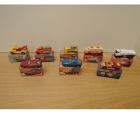 Eight Matchbox Series Superfast Lesney 1974-1982 die-casts,No 59 Porsche 928, blue, No 61 Wreck Truck, yellow, No 63 Freeway 