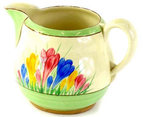 A Clarice Cliff crocus pattern jug, within green bands, printed marks to underside and titled Spring.