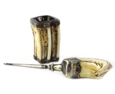 A Victorian warthog tusk, hollowed out and mounted in white coloured metal, engraved to the underside 'Harry Longstaff, May 1