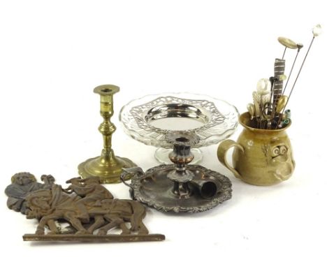 Miscellaneous items, to include hatpins, early 19thC brass candlestick, silver plated chamberstick with snuffer and two cast 