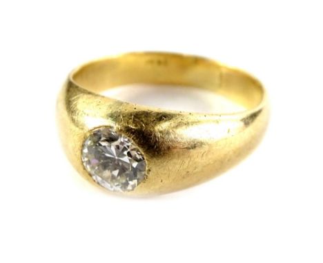 A diamond set signet ring, with single round brilliant cut diamond, in rub over setting, approx 0.83cts overall, on a plain y