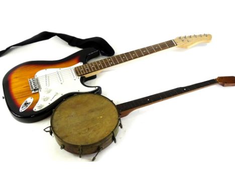 An electric guitar, and a banjo.