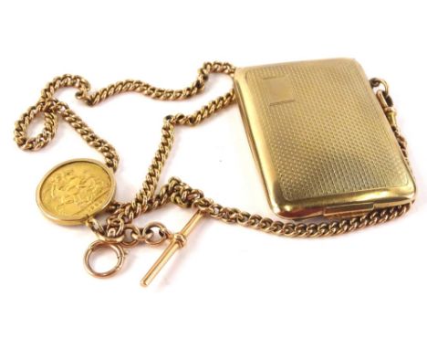 A 9ct gold cigarette case watch chain and full gold sovereign, the gold cigarette case with engine turned decoration and hall