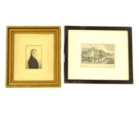 19thC School. Portrait of a gentleman wearing a black coat, in profile, watercolour, signed, 11cm x 8cm, and a print of Bridl