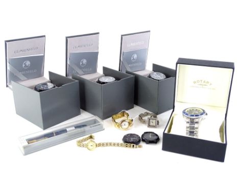 A quantity of modern dress watches, to include Aviva, Pulsar, Casio, Parker pens, boxed Rotary's, three Globenfelds watches, 