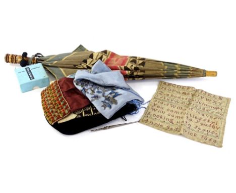 A collection of items, to include an unframed sampler by Mary Sedgwick dated 1866, an early 20thC parasol with poker work han