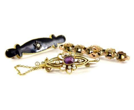Three gold bar brooches, comprising a 15ct gold Victorian amethyst and seed pearl brooch, with safety chain, 3.4g, a 9ct gold