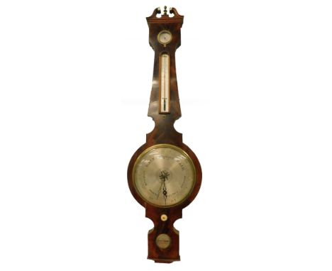 J. Needham Rothwell. A mid 19thC wheel barometer, in a mahogany case, inset with dry damp gage thermometer, level, etc., 113c
