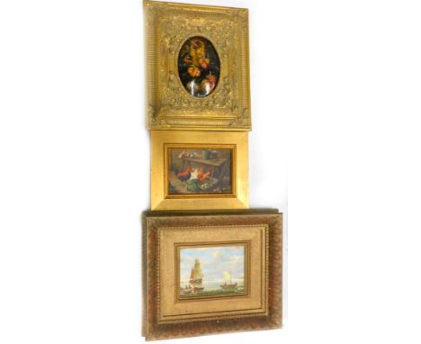 Manner of  Hunt. Chickens, etc., oleograph print, 12cm x 17cm, and two other decorative pictures, one signed Andrew Finlay.
