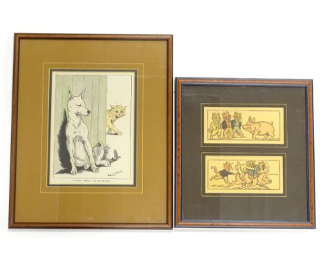 After Louis Wain. I Wonder Whether I can Get His Bone, coloured print, 21cm x 16cm, and two prints in the manner of Louis Wai