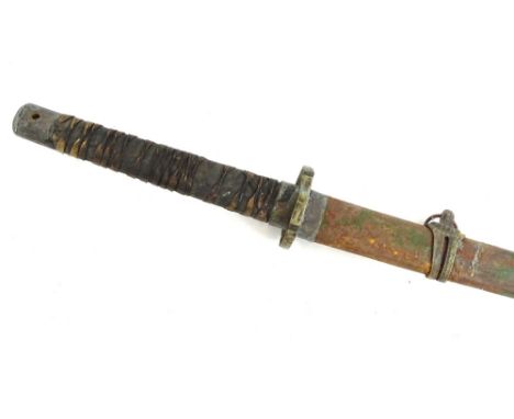 A Japanese military sword, with green painted scabbard, pierced brass tsuba and leather bound handle, unable to open, 96cm L,