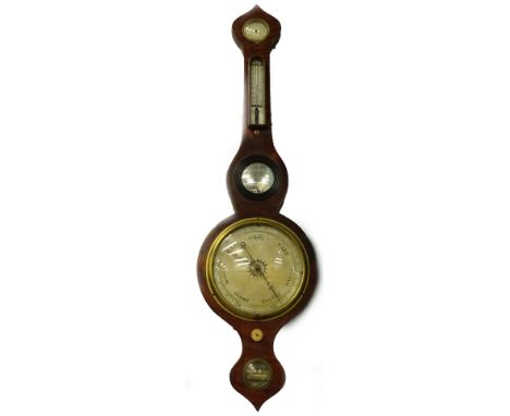 A mid 19thC mahogany wheel barometer, by Alexander of Windsor and Eton, with dry damp gage thermometer, convex mirror and eng