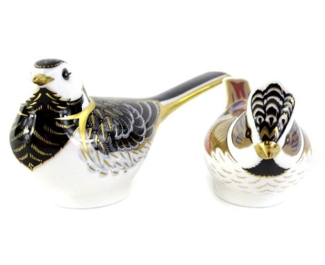 Two Royal Crown Derby porcelain birds, to include Pied Wagtail, the other bird with a faceted gold button.