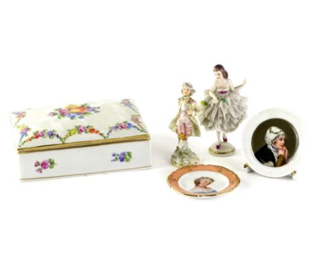 A collection of ceramic items to include a continental menu holder printed with a young lady, crinoline dancer, small German 