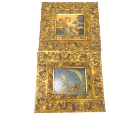 Modern School. Cherubs with sash and two cherubs, varnished prints laid onto board, a pair, 47cm x 52cm overall.