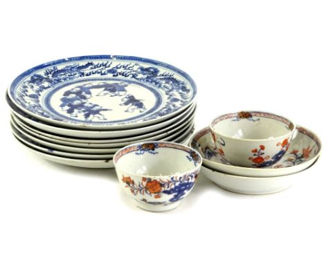 A collection of 19thC Chinese blue and white plates, each decorated with children, other similar plates, and two Imari tea bo