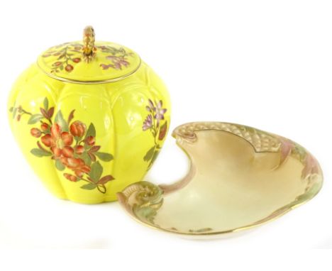 A Royal Worcester porcelain jar and cover, decorated with flowers, on a yellow ground, printed mark in puce to underside, (AF