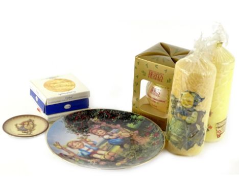 A collection of Goebel Hummel related items, to include a pair of candles, small plaques, collectors plate, etc.