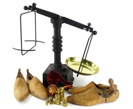 A collection of items, to include scales brass weights, a Meerschaum pipe carved with a man wearing a top hat, shoe trees etc