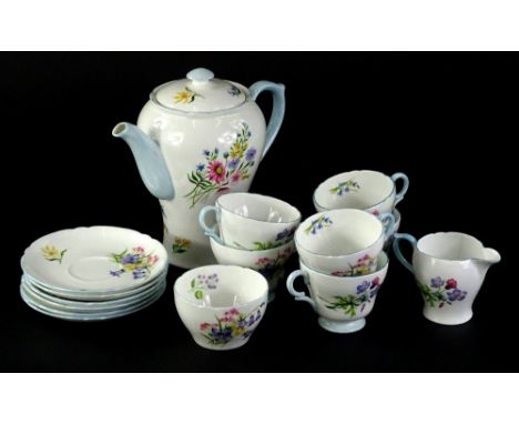 A Shelley Wild Flowers pattern part coffee service, comprising coffee pot and cover, milk jug, sugar bowl, six cups and six s