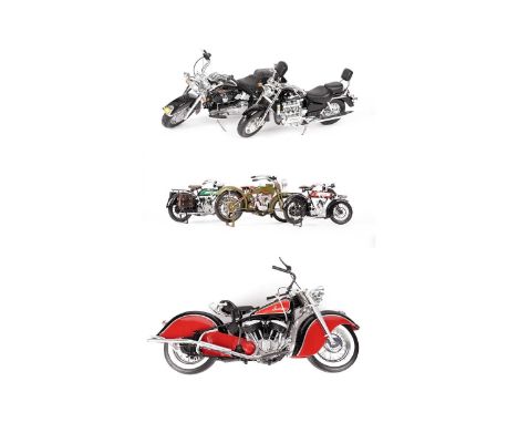 A collection of collectors model motorcycles, including: New Ray Indian Chief, scale 1:6; Franklin Mint Harley Davidson, with