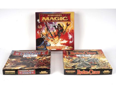 Warhammer Realm of Chaos supplement, product no. 60020201001, boxed and unpunched; and Warhammer Magic supplement for the Gam