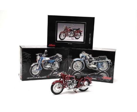 A Schuco Hercules K 50 RL model motorcycle, scale 1:10; a Schuco Horex Regina Gelandevariante, scale 1:10; and a Schuco BMW R