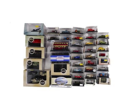 A selection of Oxford Diecast 1:76 scale models, all boxed, including: Morris Minor Traveller; Anglia Car; Fordson Tractor; 1