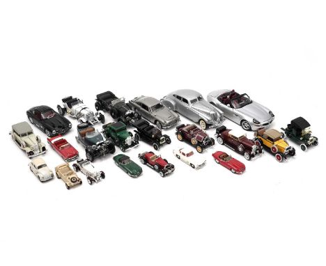 A collection of diecast model vehicles, including: a Matchbox Dinky Mercedes 300 SL 1955; a New Ray Mercedes SSKL; and others