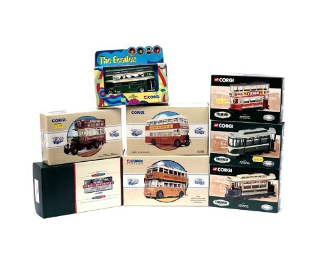 A selection of Corgi and Corgi Classics diecast model buses, including: Corgi Premium Edition Public Transport diecast model;