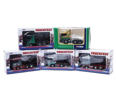Four Corgi Truckfest diecast models, comprising: CC13232, CC13220, CC13702 and CC13704; and a Corgi MacFarlane Scania tractor