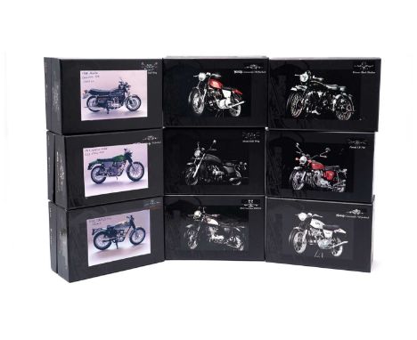 A selection of Minichamps Classic Bike Series, scale 1:2 motorcycles, some in unoriginal boxes, some with restoration, and so