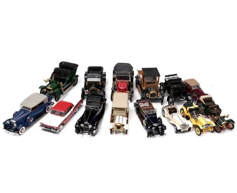 Franklin Mint diecast model vehicles, including: a 1911 Rolls-Royce; a 1913 Ford Model T Pickup; a Mercedes Benz Model K; and