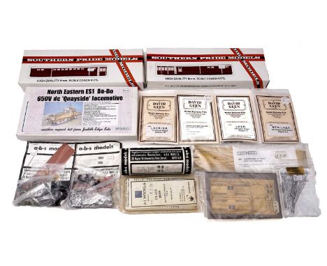 A selection of metal model construction kits, mostly railway rolling stock by David Green, Judith Edge, Pits, A.B.F Models, S