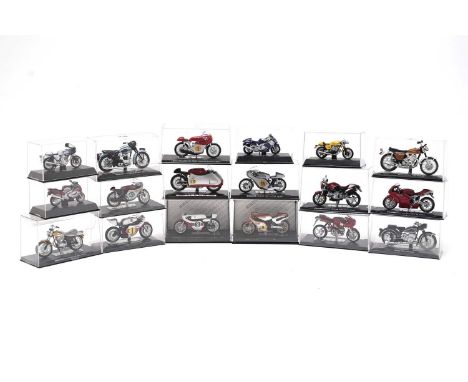 Cased diecast model motorcycles, including: Italeri Triumph Thunderbird; Italeri BMW R51 500cc; and others. (18)