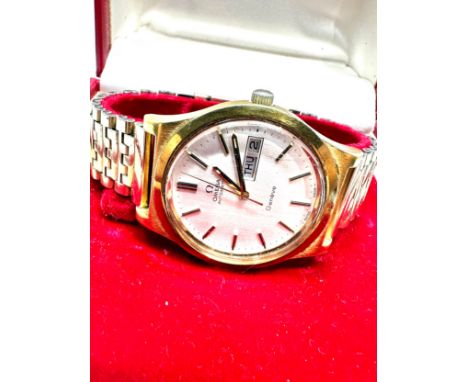 Vintage Boxed Gents  Omega day date automatic Geneve wristwatch the watch is clean and is ticking 