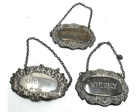 3 vintage silver wine bottle labels inc sherry whisky &amp; brandy 