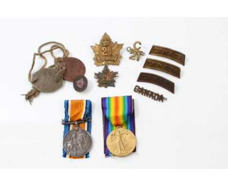 First World War, War and Victory medals, named to 4020283 PTE. F. W. Pearson. 21-Can. Inf., together with dog tags, Service b