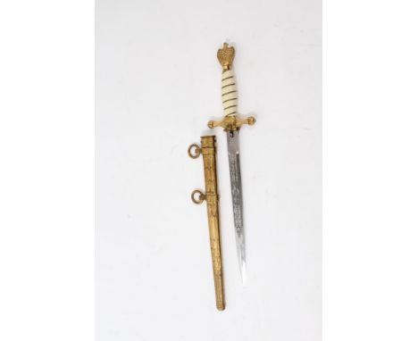 Nazi German Naval Officers' dress dagger - retaining 95% of original gilded finish to mounts, etched blade by Eickhorn Soling